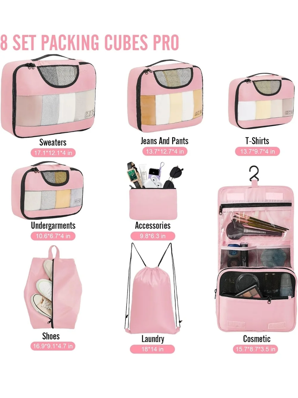 Pink Travel Packing Cubes and Toiletry Set with Hanging Organizer - Brand: